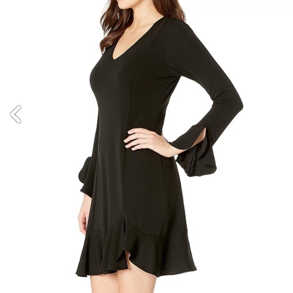 Karen Kane Black Sienna Dress Ruffle Hem Bell Sleeves V-Neckline - Picture 3 of 16